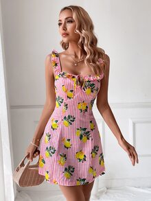 SHEIN VCAY Vestido de tirantes con estampado de limón con cordón delantero ribete con fruncido - Multicolor - Ver 5