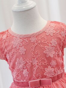 SHEIN Baby Floral Embroidery Mesh Overlay Dress - Pink - View 3