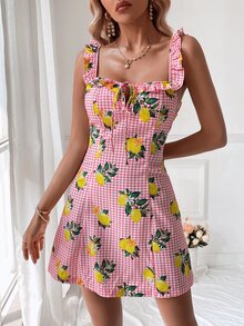 SHEIN VCAY Vestido de tirantes con estampado de limón con cordón delantero ribete con fruncido - Multicolor - Ver 3