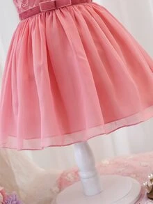 SHEIN Baby Floral Embroidery Mesh Overlay Dress - Pink - View 4