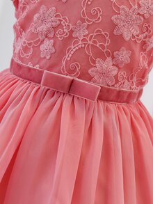 SHEIN Baby Floral Embroidery Mesh Overlay Dress - Pink - View 5