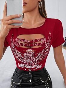 SHEIN ICON 字母和翅膀圖案前鏤空T恤