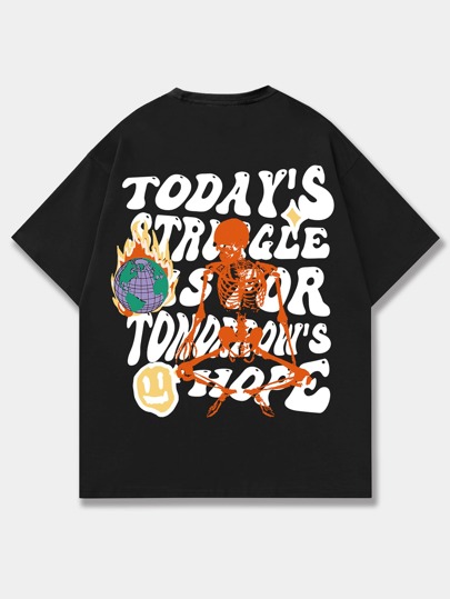 Street Life Men Slogan & Skeleton Graphic Drop Shoulder Tee For Halloween, School