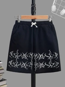 SHEIN Boys Graphic Print Drawstring Waist Shorts - Black - View 1