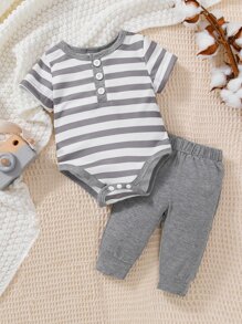 SHEIN Vintaside Kids Newborn Baby Boy Striped Bodysuit & Sweatpants - Multicolor - View 1