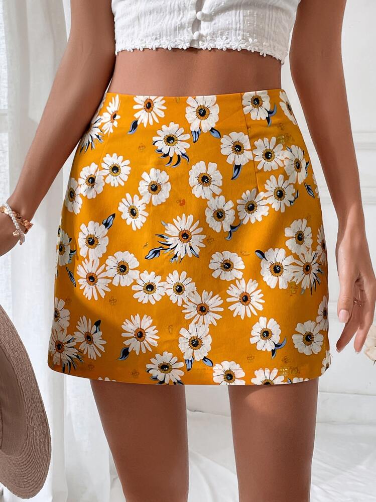 Soleia Allover Floral Print Zipper Side Skirt | SHEIN USA