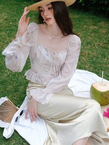 Floral Print Flounce Sleeve Blouse - White - View 7