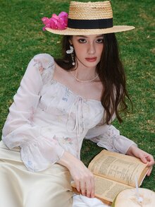 Floral Print Flounce Sleeve Blouse - White - View 9