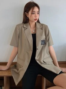 DAZY Letter Patched Detail Lapel Neck Blazer,Fall Clothes - Mocha Brown - View 3