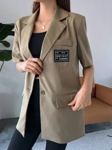DAZY Letter Patched Detail Lapel Neck Blazer,Fall Clothes - Mocha Brown - View 8
