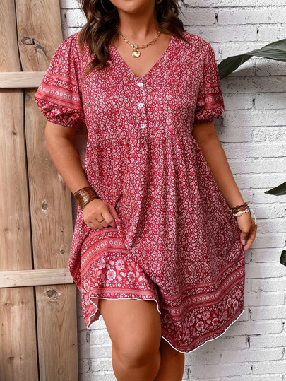 SHEIN Plus Ditsy Floral Print Puff Sleeve Summer Boho Dress For New Year
