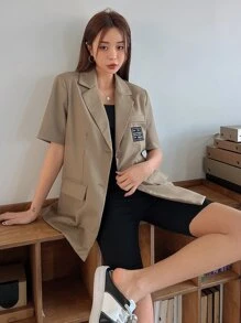 DAZY Letter Patched Detail Lapel Neck Blazer,Fall Clothes - Mocha Brown - View 4