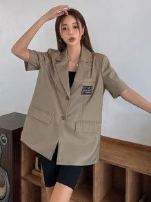 DAZY Letter Patched Detail Lapel Neck Blazer,Fall Clothes - Mocha Brown - View 5