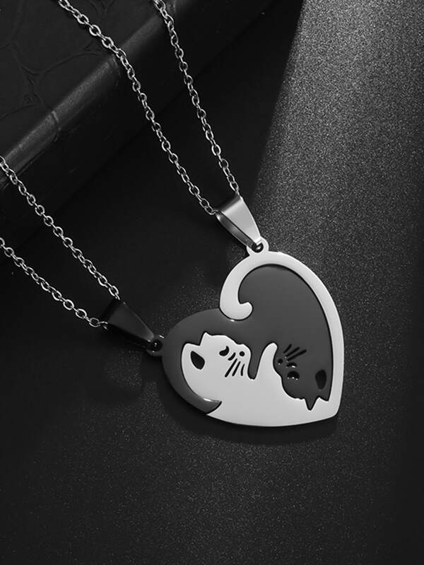 SeuSuk 2pcs/Set Couple Fashionable Stainless Steel Cat Shaped Heart Charm Necklace For Men For Dating Gift For Jewelry Gift Valentines