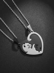 SeuSuk 2 件/套情侣时尚不锈钢猫形心形吊坠项链男士约会礼物珠宝礼物情人节