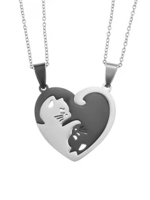 SeuSuk 2 件/套情侣时尚不锈钢猫形心形吊坠项链男士约会礼物珠宝礼物情人节
