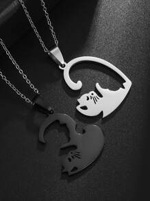 SeuSuk 2 件/套情侣时尚不锈钢猫形心形吊坠项链男士约会礼物珠宝礼物情人节