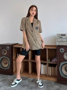 DAZY Letter Patched Detail Lapel Neck Blazer,Fall Clothes - Mocha Brown - View 6