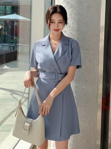 DAZY 翻领系带裹身下摆连衣裙太阳裙，正式女士连衣裙 - 霧霾藍 - 查看 8