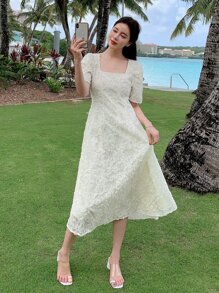 DAZY Square Neck Puff Sleeve Dress Sundress - Beige - View 8