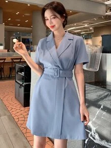 DAZY 翻领系带裹身下摆连衣裙太阳裙，正式女士连衣裙 - 霧霾藍 - 查看 1