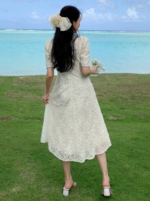 DAZY Square Neck Puff Sleeve Dress Sundress - Beige - View 2