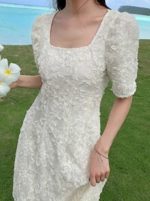 DAZY Square Neck Puff Sleeve Dress Sundress - Beige - View 3