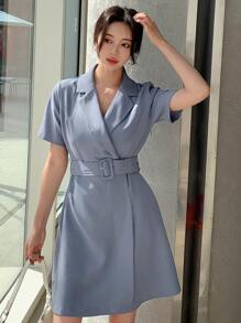 DAZY 翻领系带裹身下摆连衣裙太阳裙，正式女士连衣裙 - 霧霾藍 - 查看 7