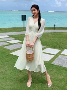 DAZY 素色前紐扣A字洋裝 - 米色 - 查看 6