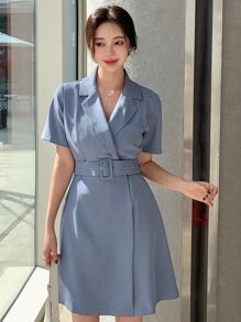 DAZY 翻领系带裹身下摆连衣裙太阳裙，正式女士连衣裙 - 霧霾藍 - 查看 6