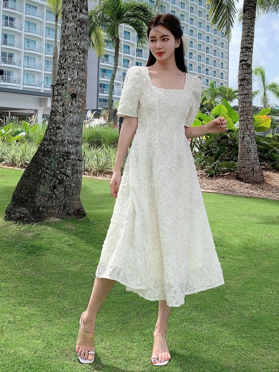 DAZY Square Neck Puff Sleeve Dress Sundress - Beige - View 1