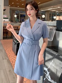 DAZY 翻领系带裹身下摆连衣裙太阳裙，正式女士连衣裙 - 霧霾藍 - 查看 5