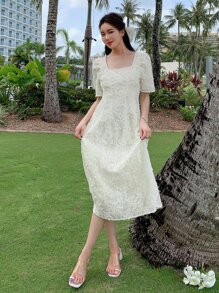 DAZY Square Neck Puff Sleeve Dress Sundress - Beige - View 9