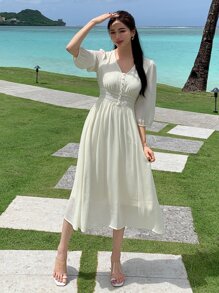 DAZY 素色前紐扣A字洋裝 - 米色 - 查看 1