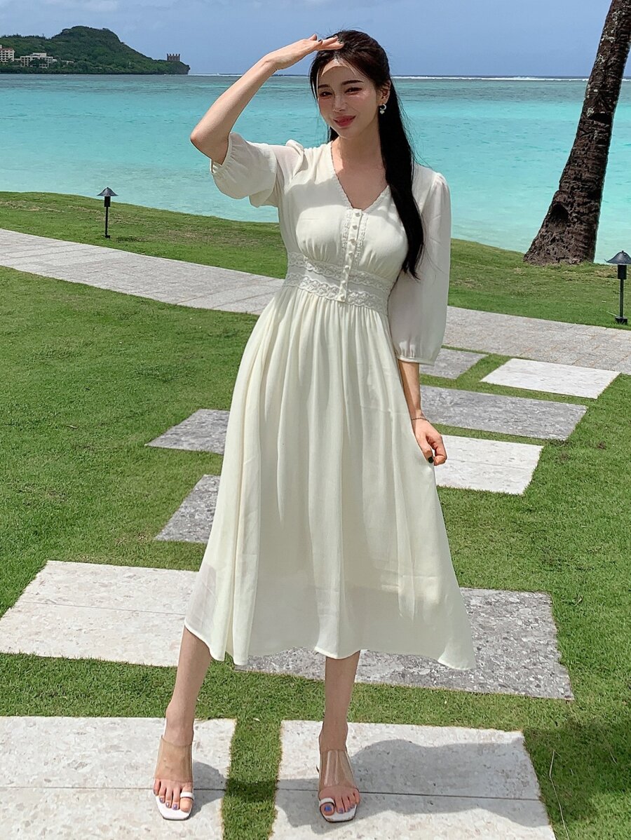 DAZY 素色前紐扣A字洋裝 - 米色 - 查看 1