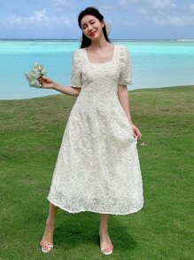 DAZY Square Neck Puff Sleeve Dress Sundress - Beige - View 5