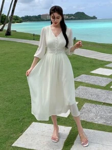 DAZY 素色前紐扣A字洋裝 - 米色 - 查看 4