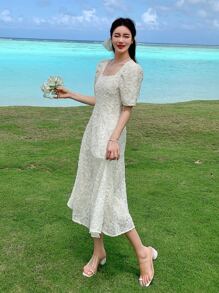 DAZY Square Neck Puff Sleeve Dress Sundress - Beige - View 4