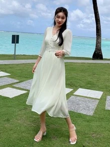 DAZY 素色前紐扣A字洋裝 - 米色 - 查看 8