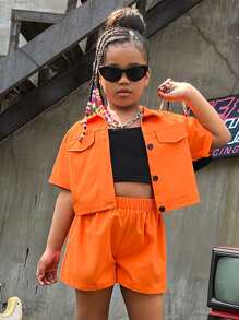 SHEIN Leap Crew Bộ hai mảnh Gái Nút phía trước màu trơn Giải trí - trái cam - Xem 1