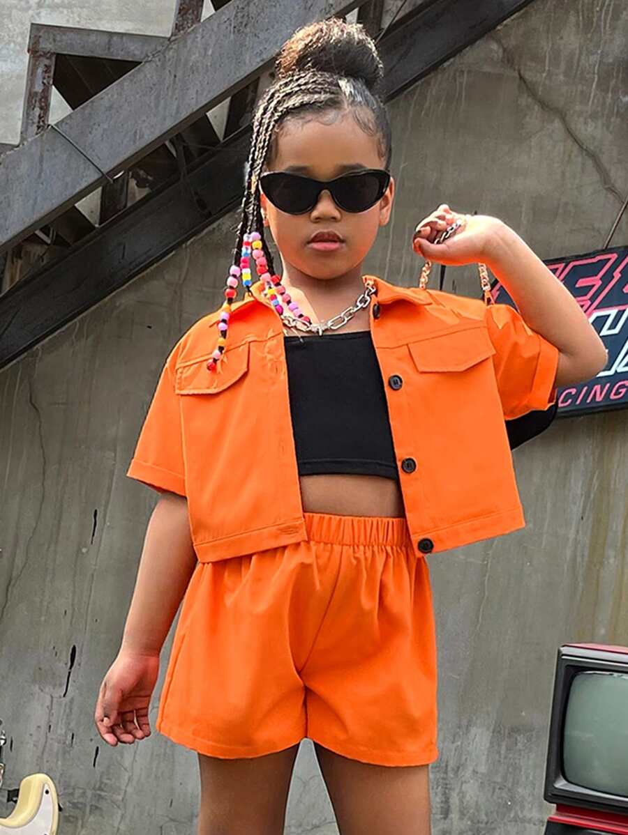 SHEIN Leap Crew Bộ hai mảnh Gái Nút phía trước màu trơn Giải trí - trái cam - Xem 1