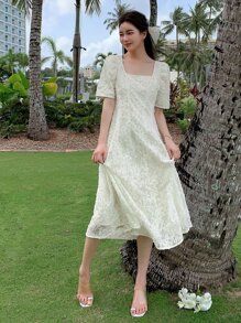 DAZY Square Neck Puff Sleeve Dress Sundress - Beige - View 7