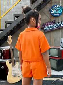 SHEIN Leap Crew Bộ hai mảnh Gái Nút phía trước màu trơn Giải trí - trái cam - Xem 2