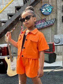 SHEIN Leap Crew Bộ hai mảnh Gái Nút phía trước màu trơn Giải trí - trái cam - Xem 4