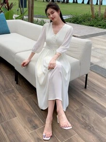 DAZY 素色前紐扣A字洋裝 - 米色 - 查看 5