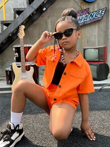 SHEIN Leap Crew Bộ hai mảnh Gái Nút phía trước màu trơn Giải trí - trái cam - Xem 5