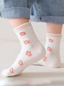 5pairs Toddler Girls Flower Print Crew Socks