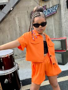 SHEIN Leap Crew Bộ hai mảnh Gái Nút phía trước màu trơn Giải trí - trái cam - Xem 6