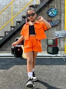 SHEIN Leap Crew Bộ hai mảnh Gái Nút phía trước màu trơn Giải trí - trái cam - Xem 7