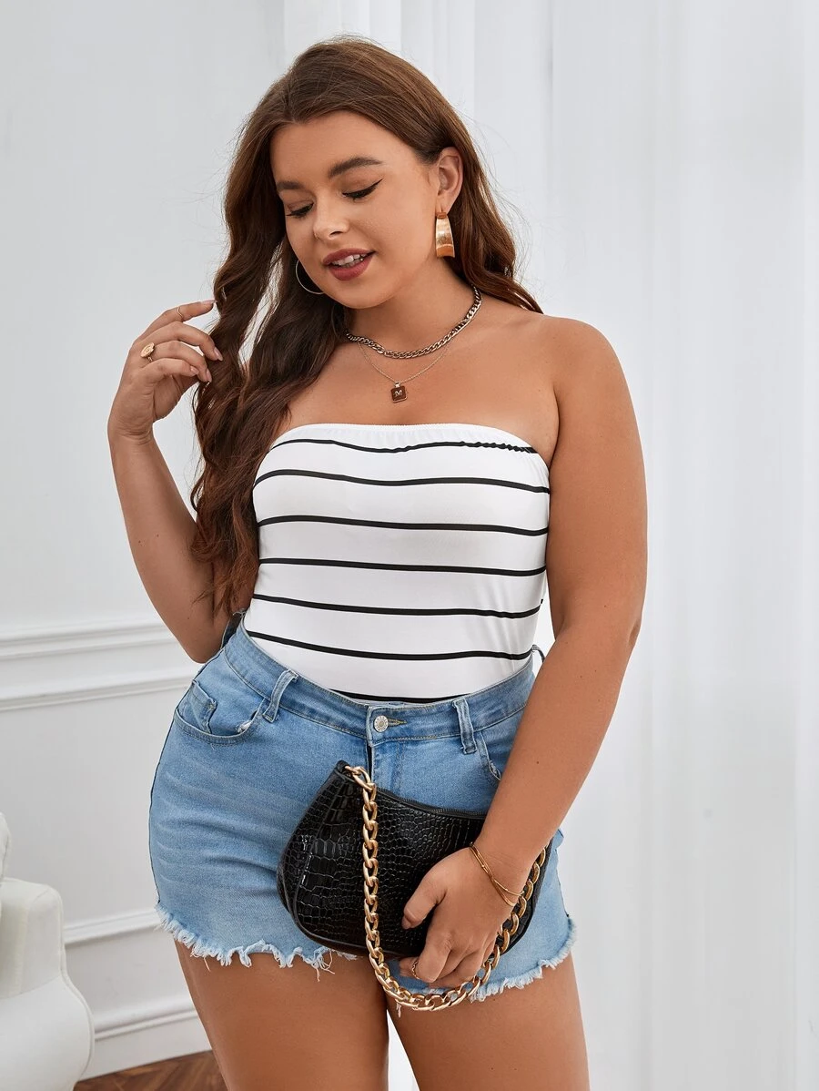 SHEIN Essnce áo nữ kích thước lớn Sọc Giải trí - trắng - Xem 1